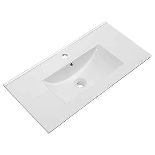 Lavabo Fondo Reducido 40 cm. Cerámico Blanco. Encimera de Baño Rectangular Blanca. Seno centrado. Medidas disponibles, de 81cm Ancho y 39cm de Fondo. Con Rebosadero y Orificio de Grifo. (81x39 cm)