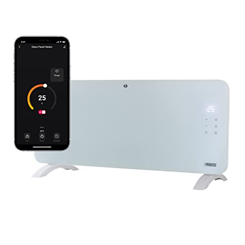Princess 348201 Calefactor con panel de cristal Smart, controlado por app, Control Manual, por Smartphone o Voz, App Gratuita, 2000 W, para habitaciones de 25 m², blanco
