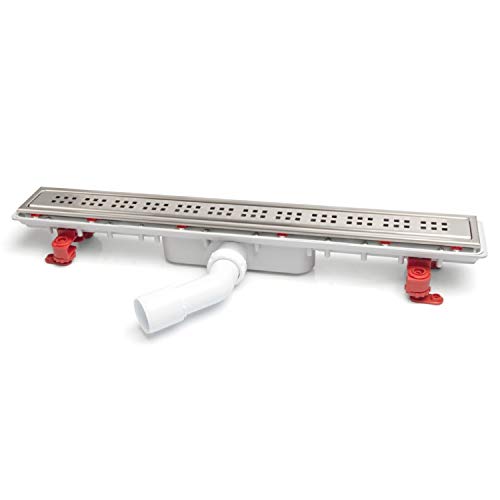Canaleta con rejilla para plato de ducha de obra, modelo S-651, altura reducida, sifón de 30x50 mm, orientable, lamina impermeabilizante, color cromo y blanco (referencia: Jimten 313409)