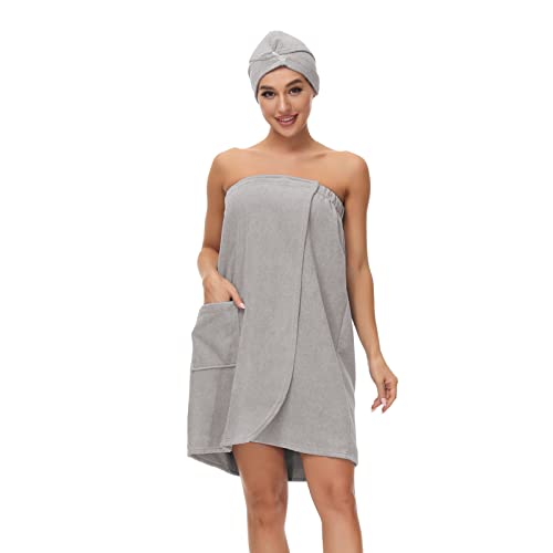 Verve Jelly Albornoz de baño para mujer, suave, absorbente de agua, para sauna, spa, ducha, ropa de dormir elástica, sombrero de secado del cabello, gris, S