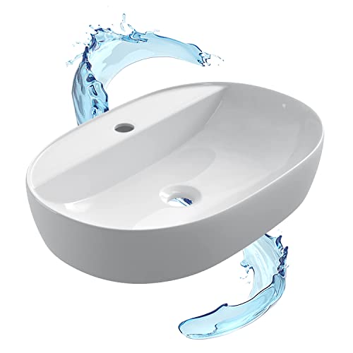 STARBATH PLUS - Lavabo sobre encimera redondo blanco con agujero para grifo - Lavabo encimera baño - Lavabo sobre encimera cerámica - 60 x 38 x 12 cm