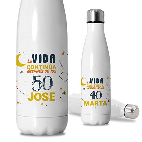 Botellas de agua personalizadas con frases de cumpleaños y nombre | Botellas de acero inoxidable térmicas de Doble Capa | Regalos con frases | Bebidas frías 24h y Calientes 12h | Capacidad 500 ml