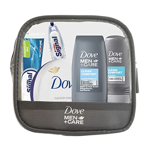 Dove Men +Care Neceser Mini de Viaje para Hombre, Gel Ducha 50 ml, Desodorante Roll On 50 ml, Crema 75 ml, Pasta de Dientes Signal White Now y Cepillo de Dientes Signal