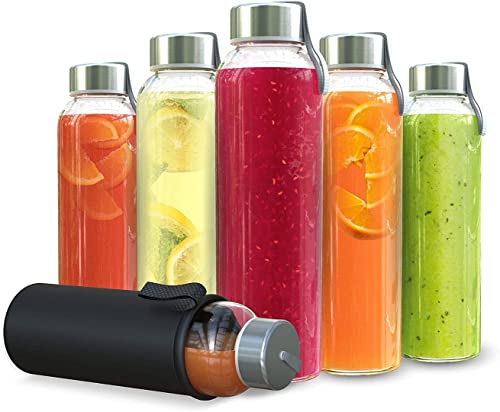 Chef's Star Botellas de agua de vidrio de 18 onzas, botella de vidrio con funda de protección, botellas de jugo con tapas de acero inoxidable a prueba de fugas, paquete de 6