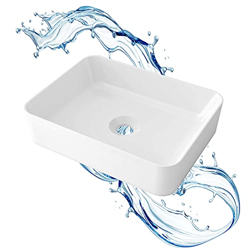 STARBATH PLUS - Lavabo sobre encimera rectangular blanco sin taladro grifo - Encimera baño - Lavabo sobre encimera cerámica - 49 x 38 x 13.5 cm