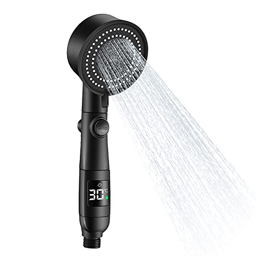 Gobesty Alcachofa de Ducha, Alcachofa de Ducha de Alta presión con Ahorro de Agua, Alcachofa Ducha LED con Pantalla de Temperatura Digital, 5+1 Modo De Pulverización, Presión de Aumento, Ahorra Agua