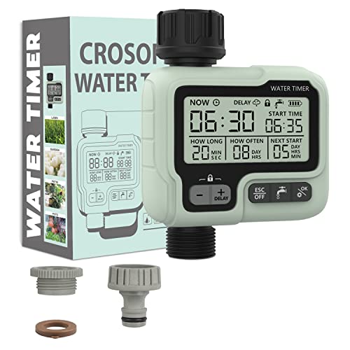 CROSOFMI Programador Riego Automatico Jardin Temporizador Riego Temporizador de Aspersión para Riego por Goteo IPX5 Resistente al Agua/Retraso por Lluvia/Modo de Riego Manual/Bloqueo para Niños