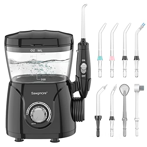 Sawgmore Irrigador Dental, Irrigador Bucal Profesional con 8 Boquillas Multifuncionales, 10 Ajustes de Presión del agua, Capacidad de 600ml, Limpieza Dientes, Aprobado por la FDA/CE