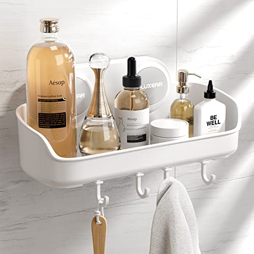 Luxear Estante Ducha con Ventosa, Estante Baño Sin Taladro MAX 10KG con 4 Gancho Extraíble Estantería para Ducha Baño Cocina Pared, 25x12.5x14cm, Blanco
