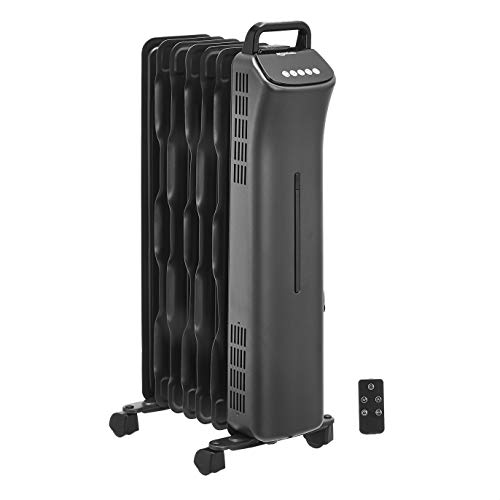 Amazon Basics - Radiador portátil de aceite, con control digital, 7 aletas ondulantes y control remoto, 1500 W, color negro