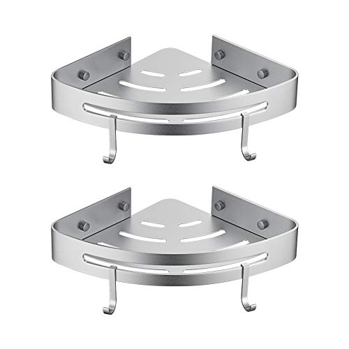 Ibergrif, Estante para Ducha con 2 Ganchos, Esquina Organizador de Baño, Cesta de Almacenamiento, 3M Sin Taladros, Aluminio Space, 2 Packs, Plata