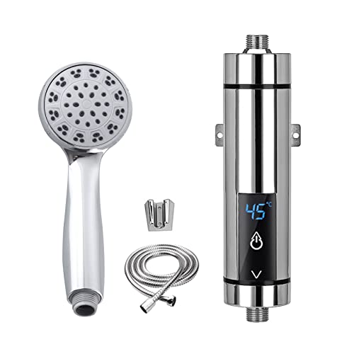 Mini calentador de agua eléctrico con baño ducha Kit, mini calentador de agua instantáneo calentador de agua sin tanque para baño cocina sin enchufe (plata 5500 W con set de ducha)