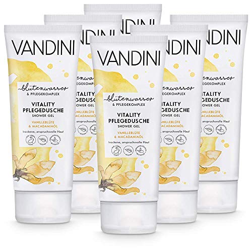 VANDINI gel de ducha Vitality Care con flor de vainilla y aceite de macadamia - gel de baño para pieles normales a secas - Jabón vegano sin siliconas ni parabenos 6x 200 ml