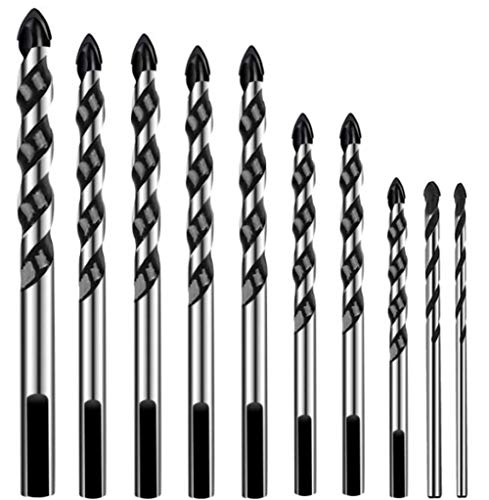 KAHEIGN Juego de 10 brocas para taladro, apto para diferentes materiales, como hormigón, ladrillo, cristal, plástico, madera (3 mm, 4 mm, 5 mm, 6 mm, 8 mm, 10 mm, 12 mm)
