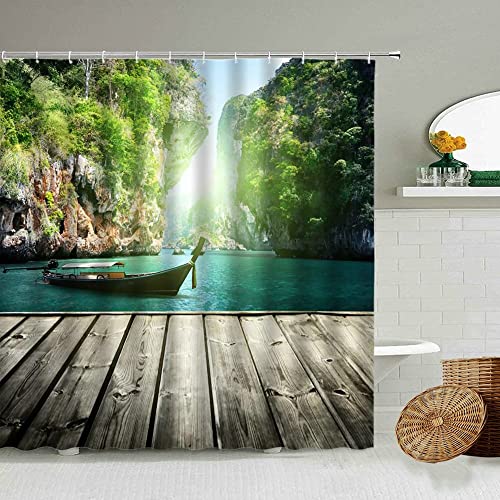 Cortina de ducha para cabina de ferry, roca, lago, mar, paisaje natural, baño, opaca, lavable, S.11, 180 x 200 cm