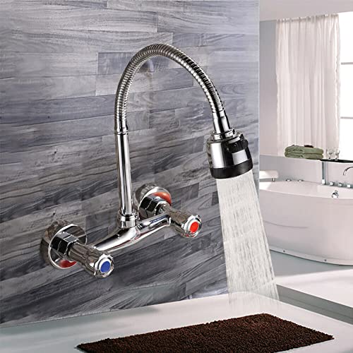 KOLHGNSE Grifo mezclador giratorio de 360°, para cocina, montaje en pared, para agua fría y caliente, grifo de cocina, grifo de dos mandos, cromado