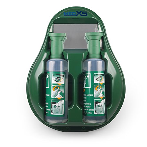 MedX5 (Upgrade 2020) Ducha ocular de emergencia, estación de lavado ocular con espejo, producto para el lavado de ojos con suero fisiológico (0,9 %), producto de lavado ocular