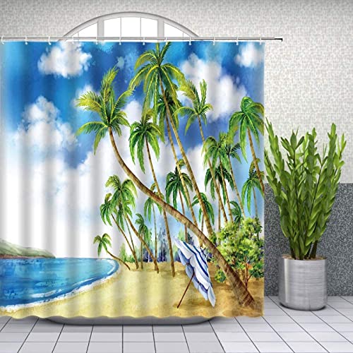 Océano Playa Paisaje Cortinas de Ducha Acuarela cocotero mar Ola Verano Vacaciones Viaje baño decoración Cortina de Tela 120x203cm/WxH