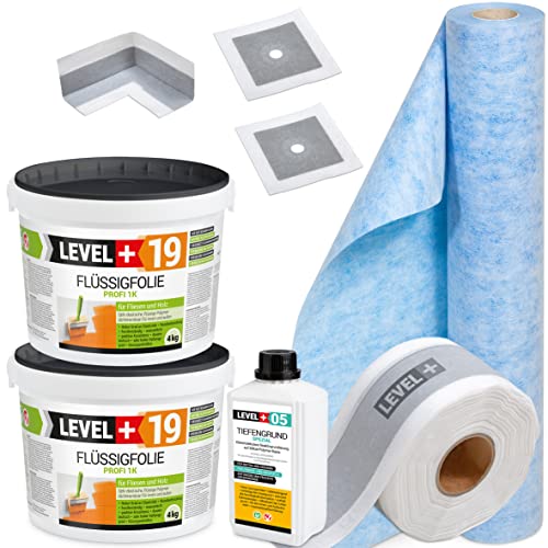 Juego de juntas, lámina líquida de 8 kg sobre azulejos de madera, 1 esquina interior, 2 manguitos de pared, cinta de sellado de 5 m, juego de impermeabilización de fondo profundo para ducha baño