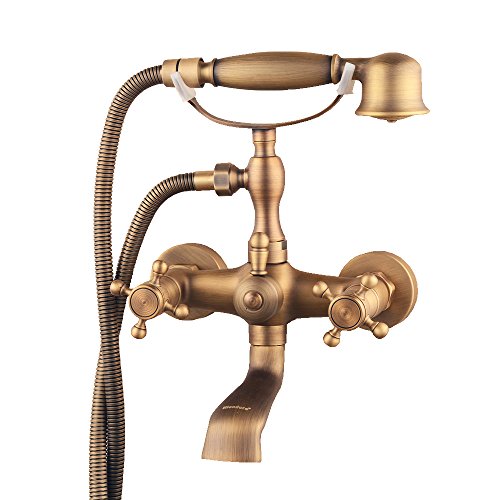Hiendure® Grifo de bañera con dos asas de montaje en pared con acabado de latón antiguo