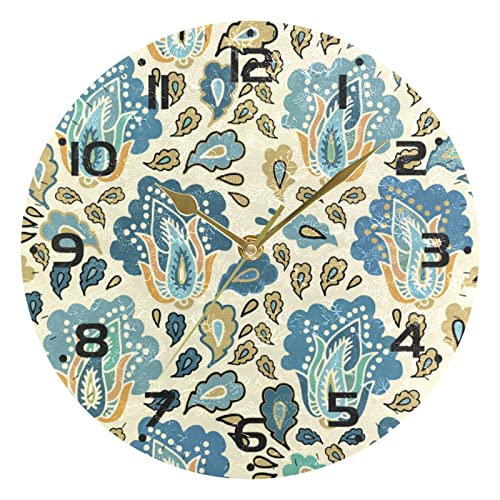 Reloj Boho Paisley redondo de pared para decoración de la habitación del hogar, reloj de cuarzo atómico, silencioso, Png, amarillo, azul, colorido, beige, funciona con pilas, relojes de 10 pulgadas,