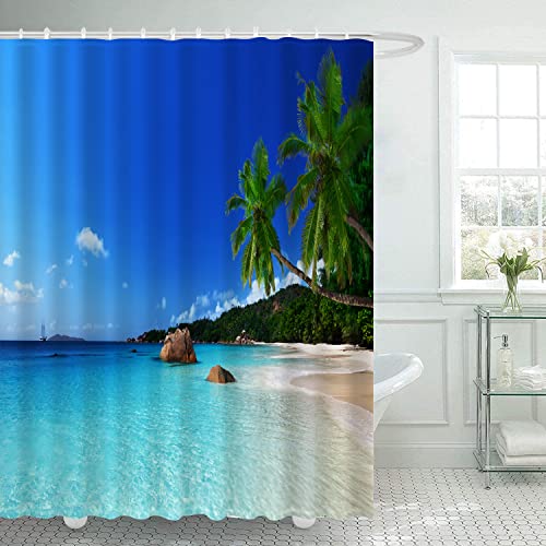 Ulticool Cortina de Ducha – Playa Natural Isla Palmera – 180 x 200 cm – Lavable – Resistente al Agua – Antimoho - con 12 Anillas Blanco - Semi Transparente