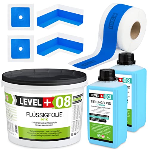 Juego de 12 kg de lámina líquida, 2 esquinas interiores, 2 manguitos de pared, cinta de sellado de 10 m, fondo de 1 L, juego de sellado para ducha baño cocina SET303