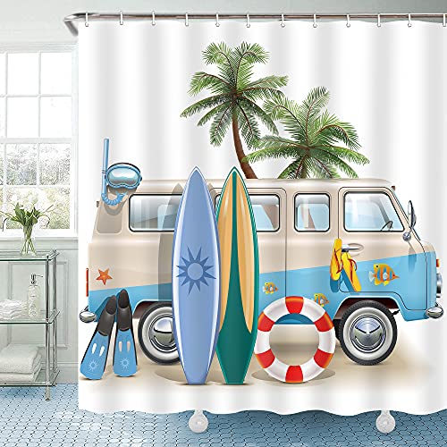Cdcortain Vacation Cortina de ducha para playa, camping, comedor, comedor, palma, árboles, azul, decoración de coche, tela de poliéster, impermeable, 182,88 x 182,88 cm, 12 unidades de ganchos de