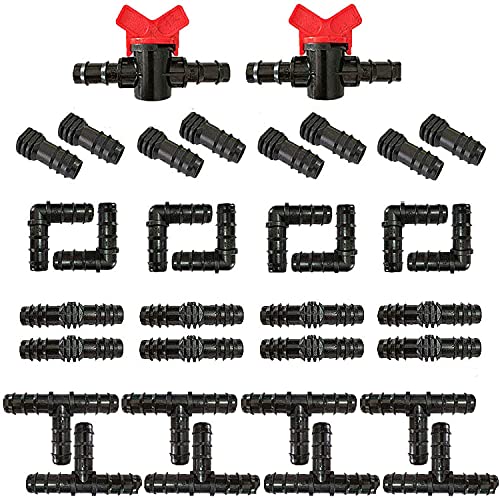 liuer 34PCS Conectores de Manguera de Irrigación Jardin Adaptador Riego por Goteo de Riego para Jardines,Macizo de Flores,Plantas de Patio(Tees/Acoplamientos/Codos/Tapa de Extremo/Válvula)