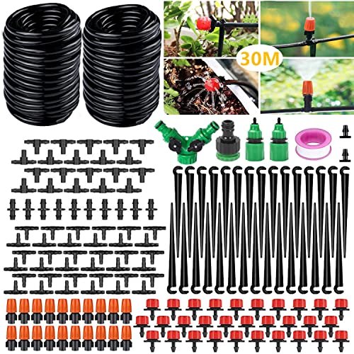 DONGQI Sistema de riego Jardín, 149 PCS Sistema de Riego por Goteo,30M Kit Riego con Ajustable Boquilla Aspersor Pulverizador y Gotero Automatico para Jardin Invernadero Césped Patio Terraza