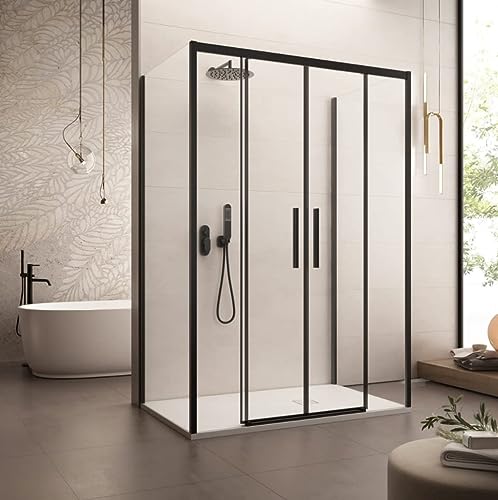 IMPERIAL BAGNO - Mampara de ducha de tres lados con perfiles negros deslizantes cristal 6 mm H195 LAGOA-Trio (80 x 180 x 80)