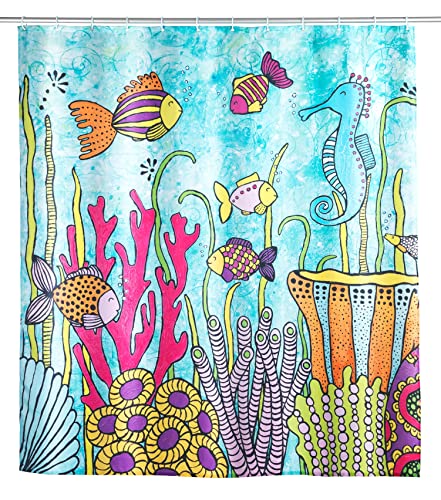 WENKO Cortina de ducha Rollin'Art Ocean Life, persiana de ducha textil hidrófugo de 100 % poliéster, motivo marino y contrapeso, lavado a 30 °C, incl. 12 anillas para cortinas de baño, 180 x 200 cm